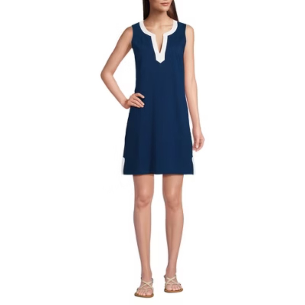 Lands' End Women's Cotton Jersey Notch Neck Dress Deep Sea Navy/White